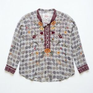 Biya Johnny Was Embroidered Floral Geometric Blouse Grey Orange Burgundy Medium